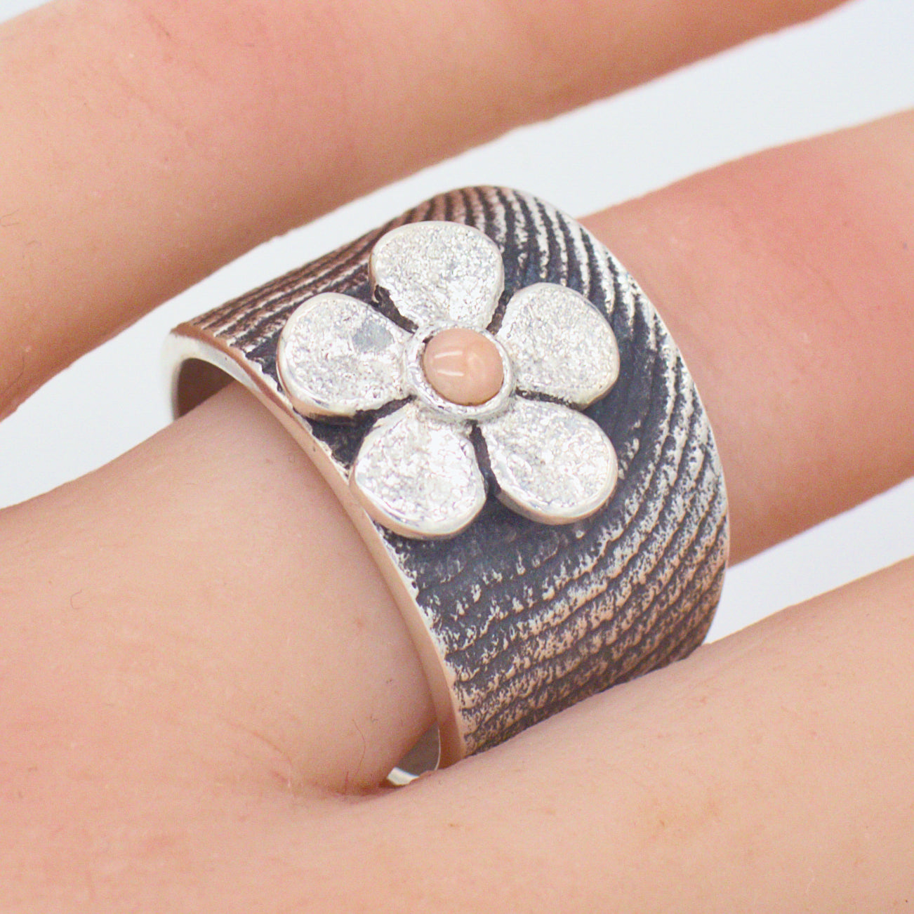 Darryl Dean Begay Navajo Handmade Sterling Silver Coral Ring (Flower)