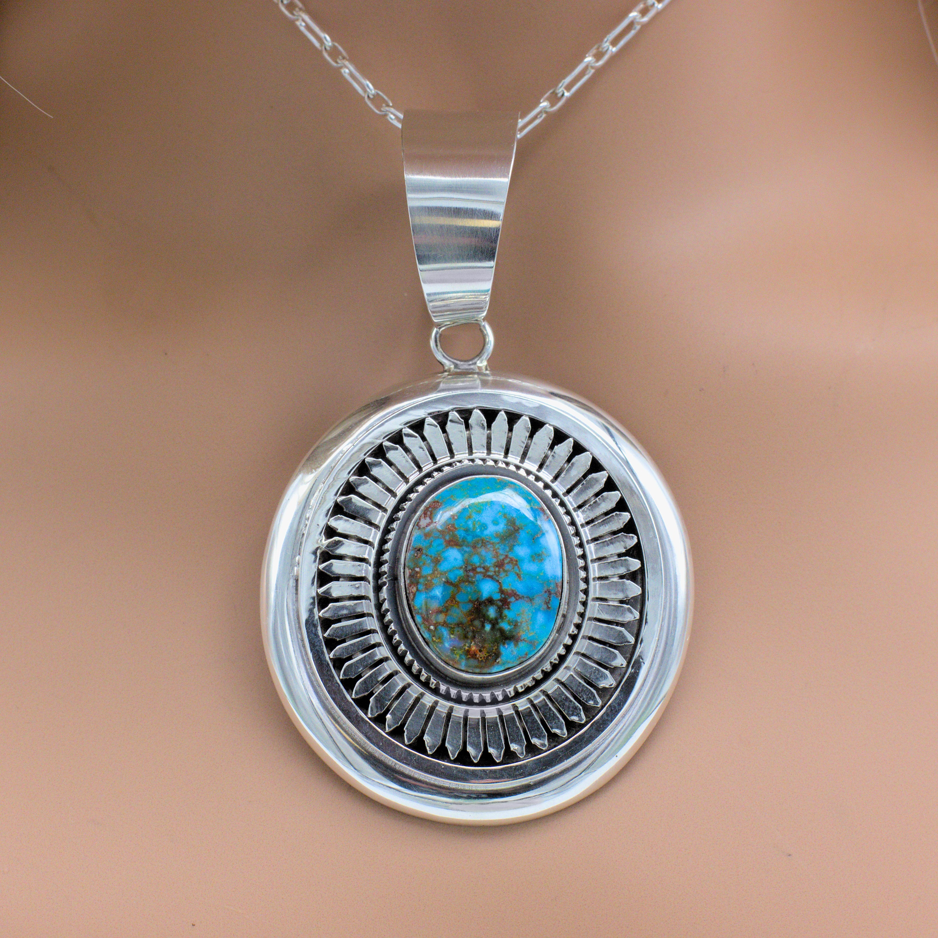 Leonard Nez Navajo Handmade Sterling Silver Turquoise Pendant