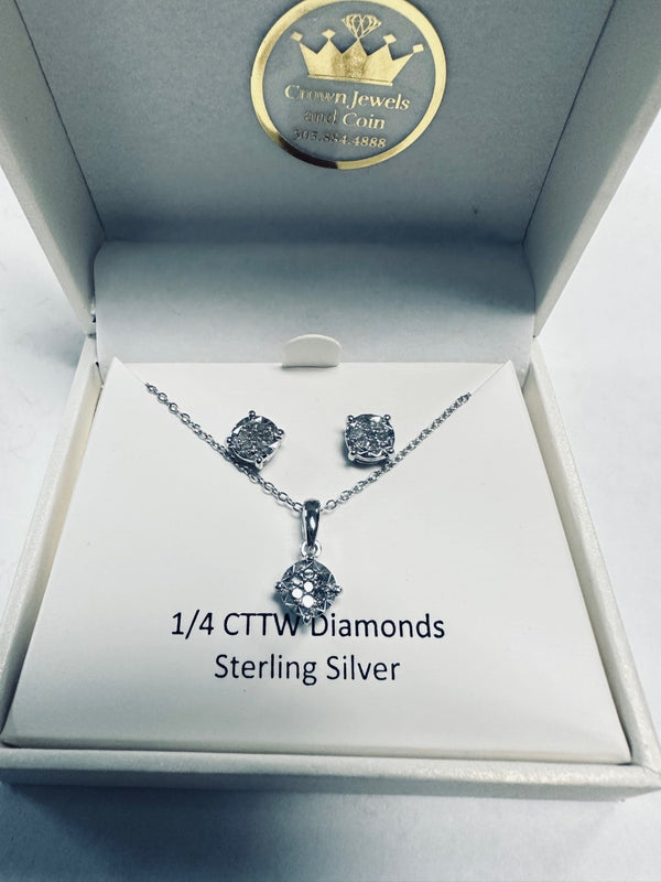 Sterling Silver 1/4 ctw Diamond Pendant and Earring Set Holiday Special