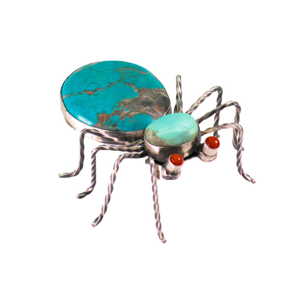 Herbert Ration Navajo Handmade 925 Sterling Silver Turquoise Spider Pin (Mediterranean Coral Eyes)