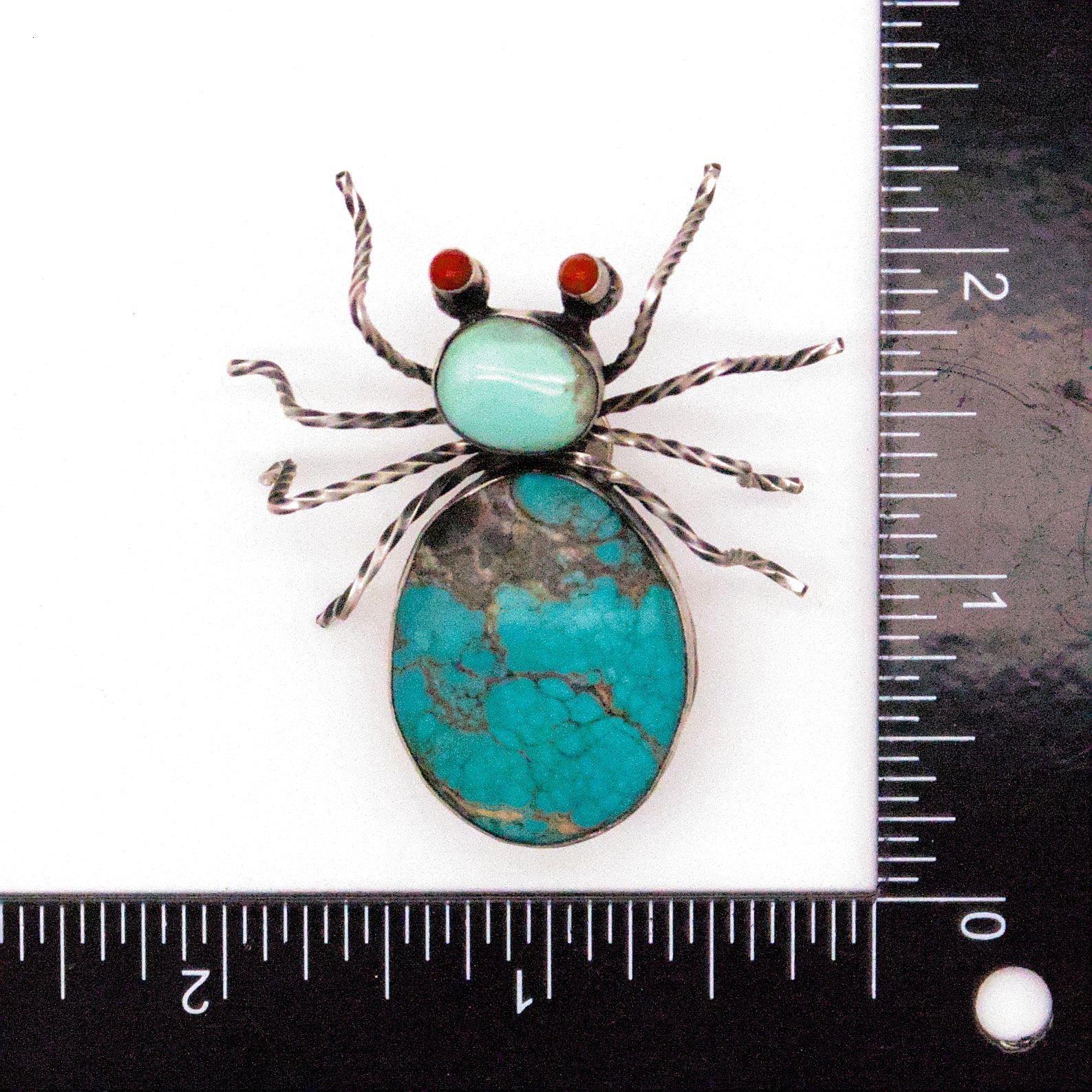 Herbert Ration Navajo Handmade 925 Sterling Silver Turquoise Spider Pin (Mediterranean Coral Eyes)