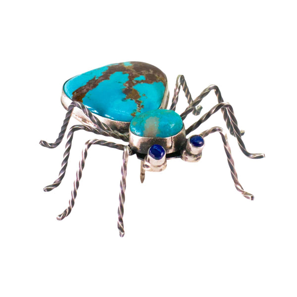 Herbert Ration Navajo Handmade 925 Sterling Silver Turquoise Spider Pin (Lapis Eyes)