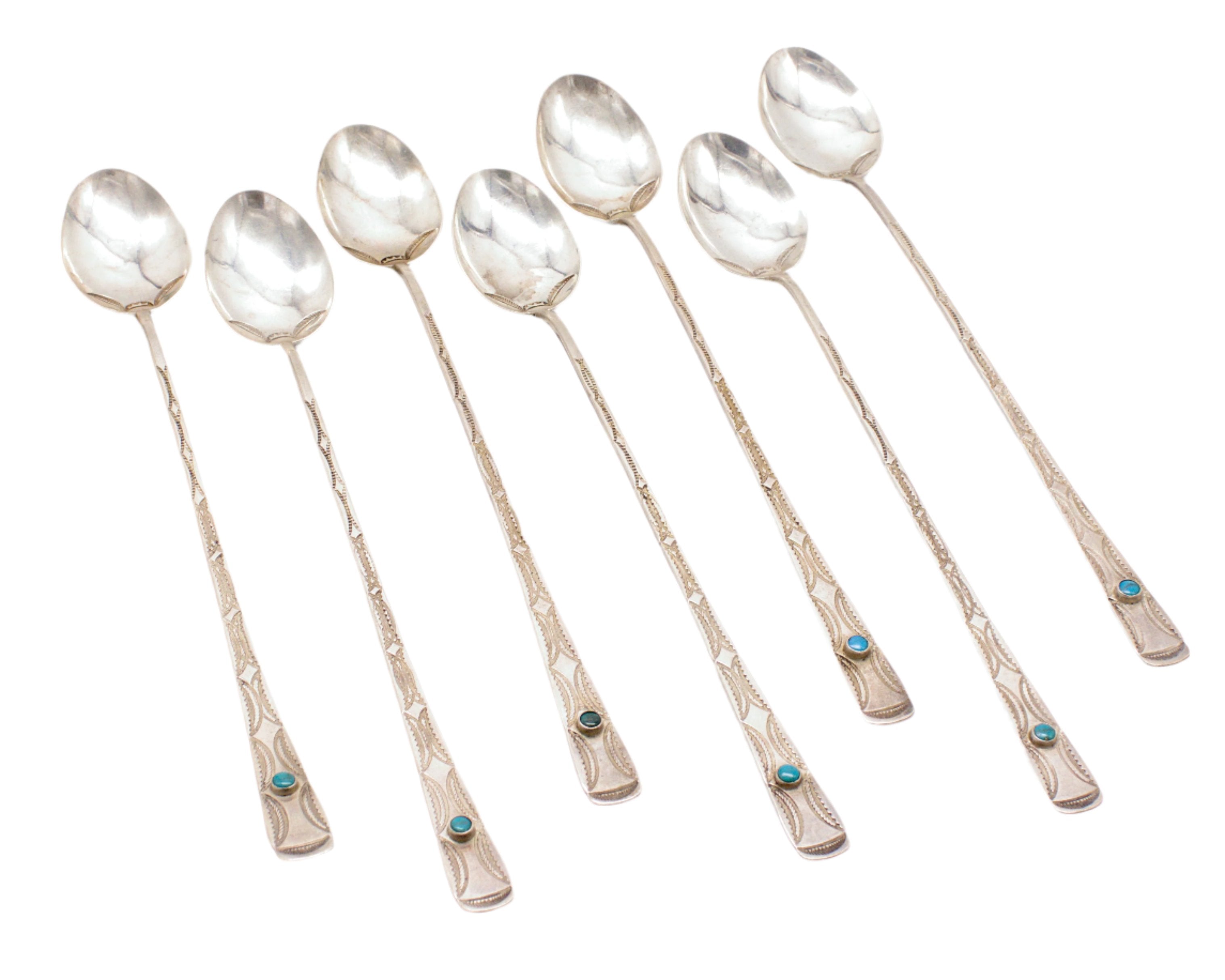 Vintage 7-Piece Sterling Silver Turquoise Iced Tea Spoons Set (No Hallmark)