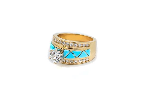 Southwestern Bridal 1.44 ctw GIA Certified Blue Turquoise Inlay Ring