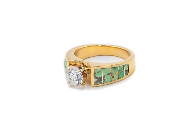 Southwestern Bridal Diamond and Green Turquoise Inlay Engagement Ring