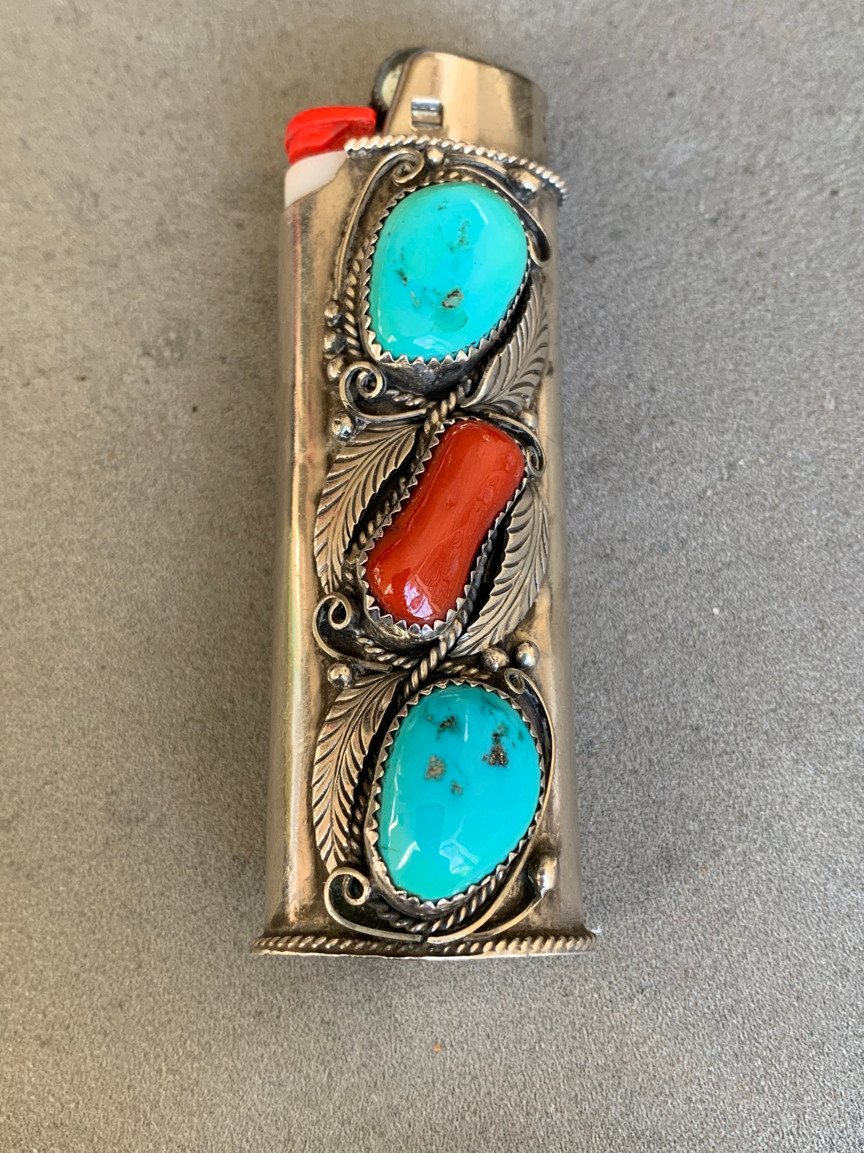 Item #805H- Navajo Sterling Silver Turquoise Coral Decorative Mini Bic  Lighter Cases by J.Martin —*Lighter Cases- EAGLE ROCK TRADING POST-Native