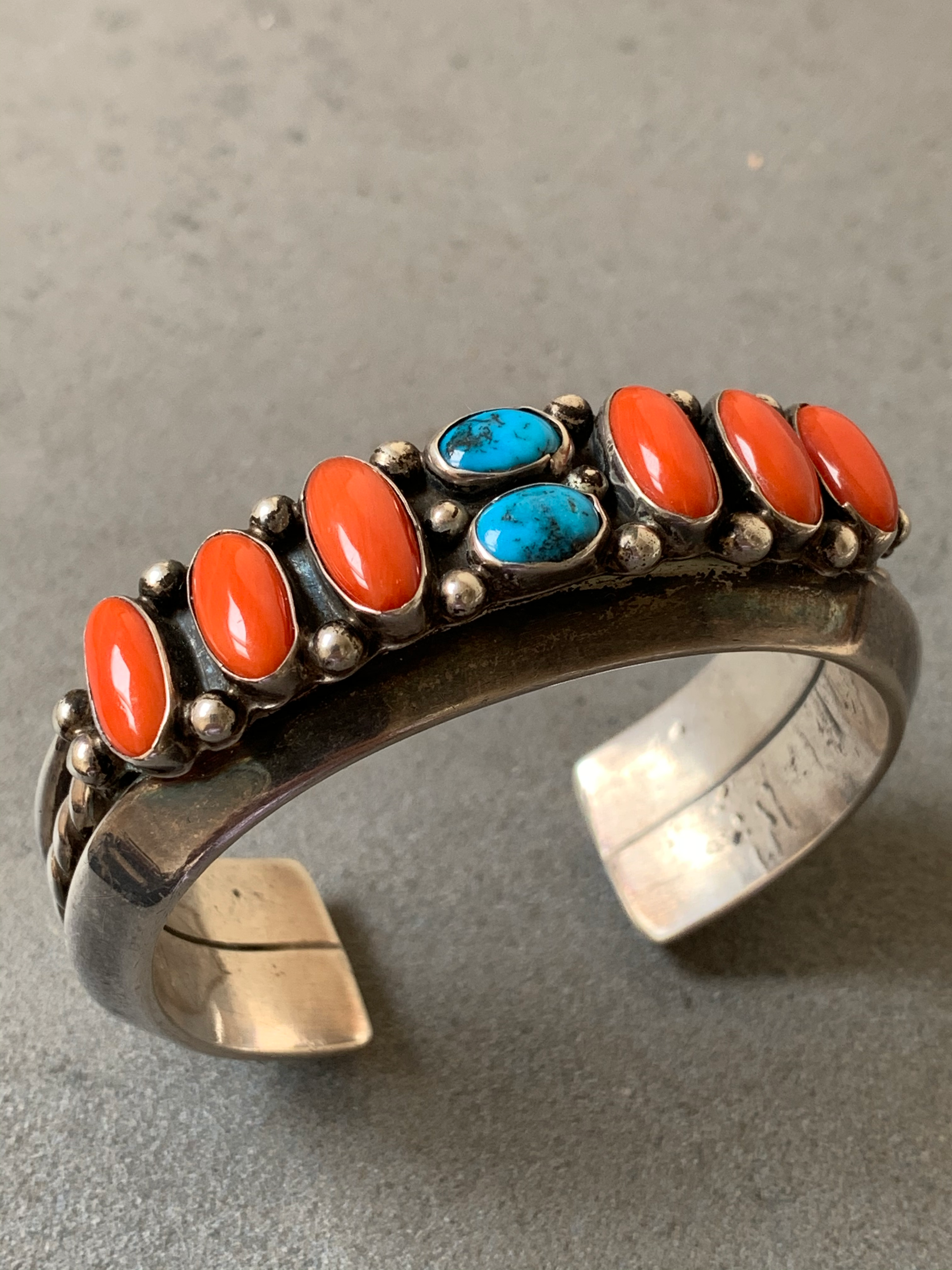 Leroy Dayea Navajo Mediterranean Coral Turquoise Sterling Cuff