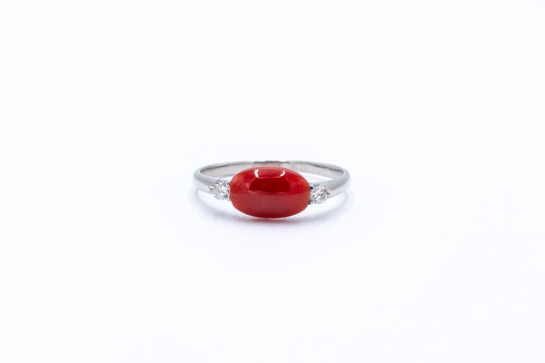 Oval Coral Cabochon and Diamond Ring