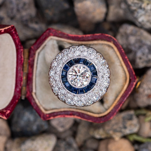 VINTAGE JEWELRY DIAMOND SAPPHIRE HALO COCKTAIL RING PLATINUM