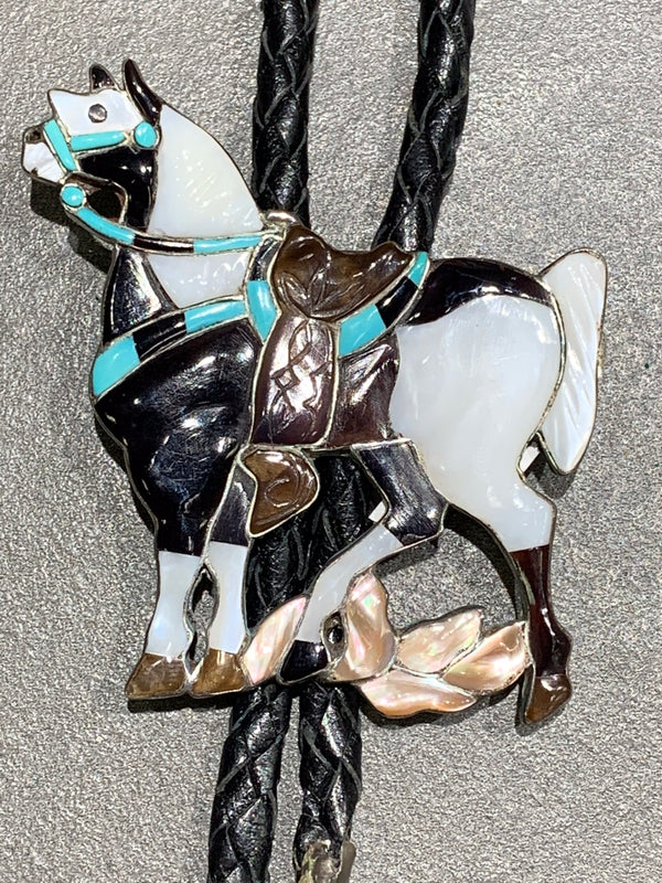 Jack Mahkee Zuni Sterling Inlay Horse Bolo