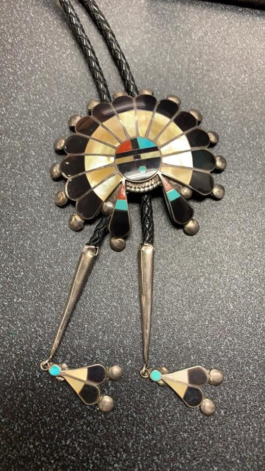 Zuni Inlay Sterling Silver Sun Face Bolo