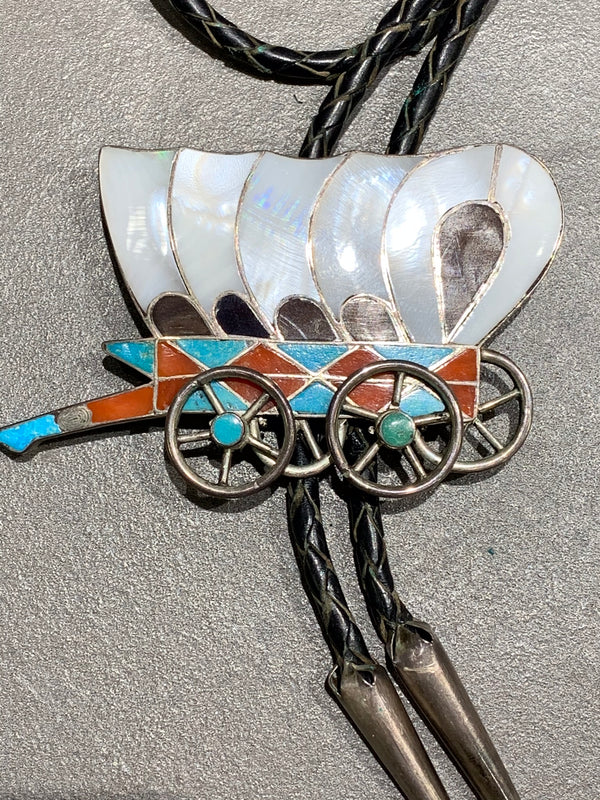 Zuni Inlay Conestoga Wagon Sterling Bolo