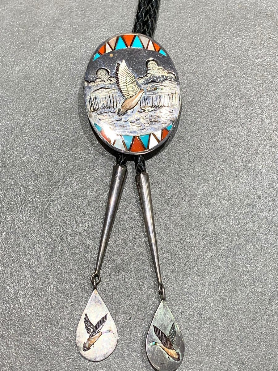 LARRY WATCHMAN NAVAJO INLAY STERLING SILVER BOLO