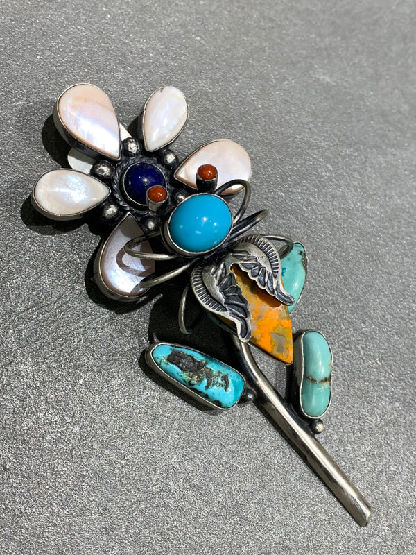 Herbert Ration Navajo Sterling Silver Spiny Oyster Turquoise Flower Pin/pendant Handmade Native American