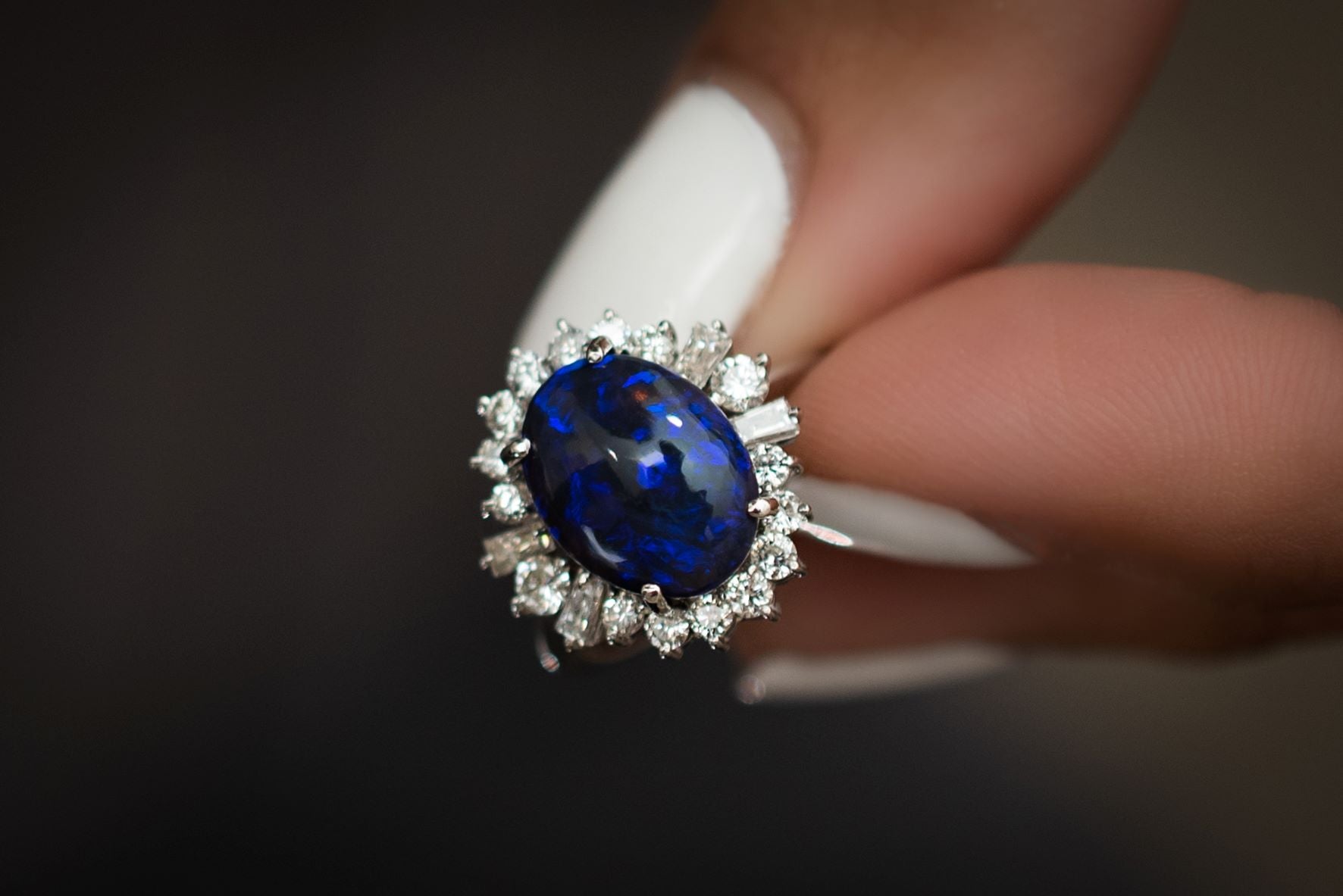Vintage Platinum Blue Opal and Diamond Halo Ring