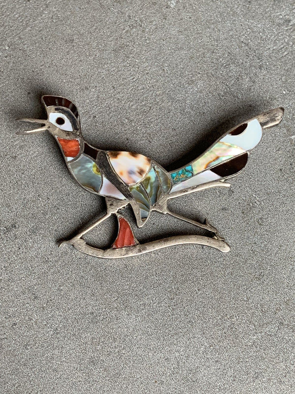 Edward Beyuka Sterling Inlay Roadrunner Pin