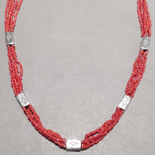 Coral Sterling Silver Beaded Necklace - Handmade Native American