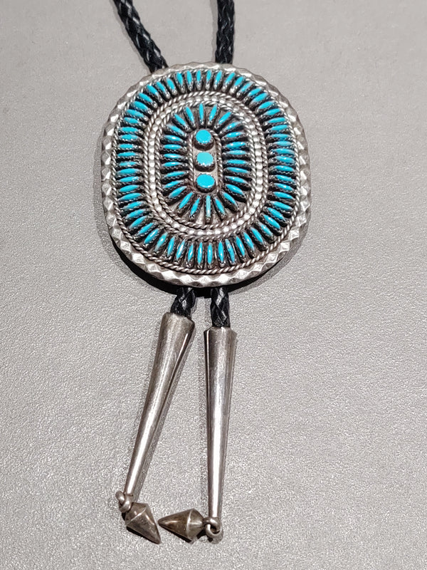 Needlepoint Turquoise Sterling Silver Bolo - Handmade Native American