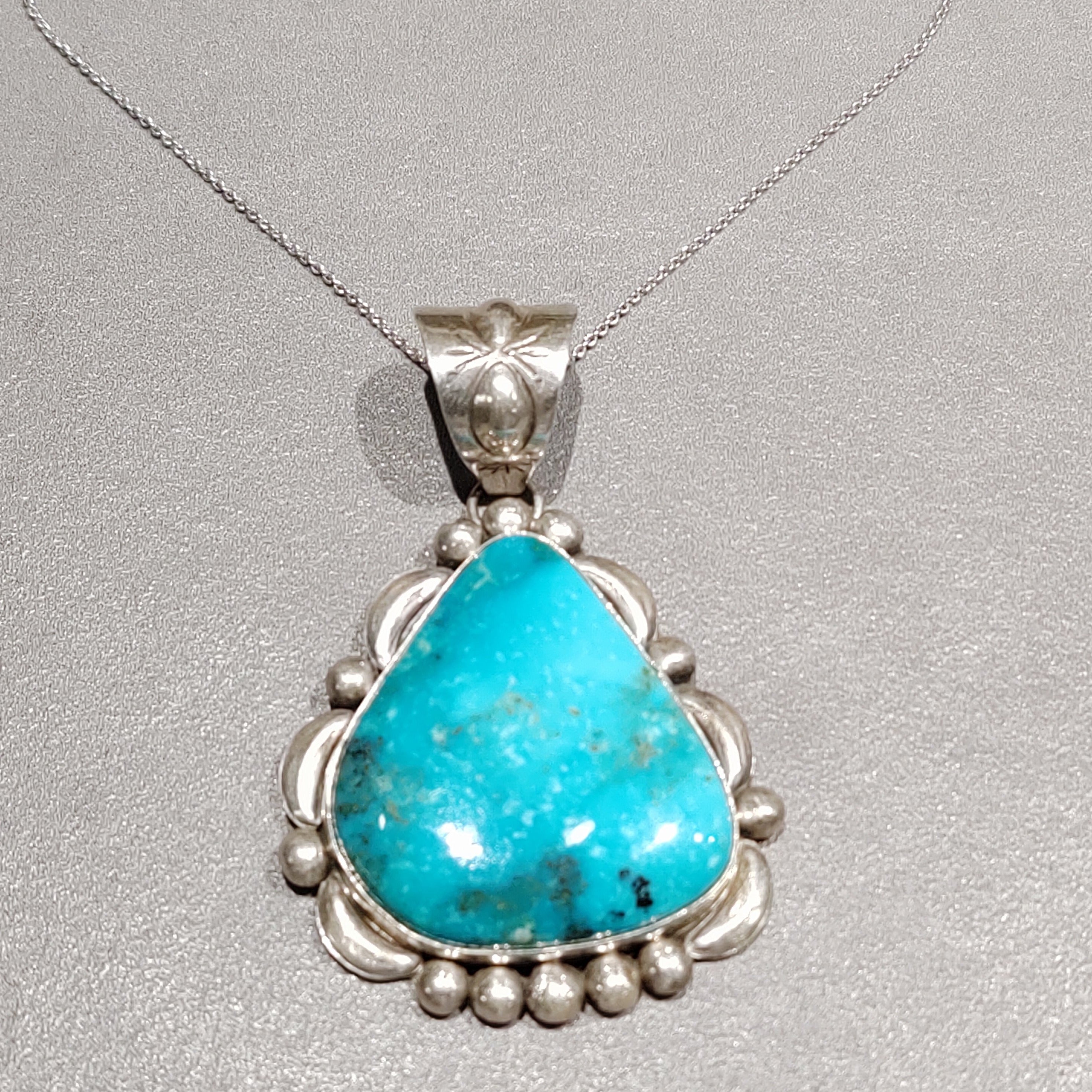 M. Spencer Navajo Sterling Silver Turquoise Pendant Sterling Chain - Handmade Native American