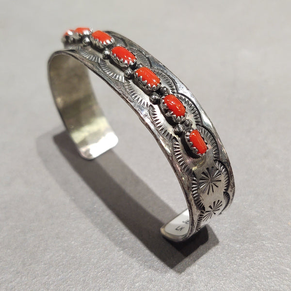 Jerry Bahe Navajo Sterling Silver Coral Bracelet - Handmade Native American