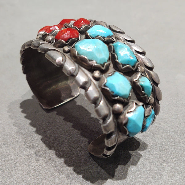 Wayne Cheama Zuni Sterling Silver Turquoise Coral Bracelet - Handmade Native American