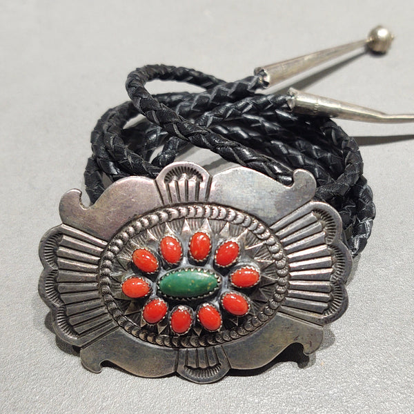 Rick Martinez Navajo Sterling Silver  Coral Bolo - Handmade Native American