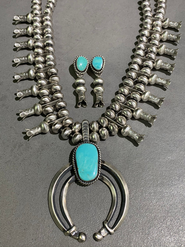 CHRIS HALE NAVAJO TURQUOISE STERLING SILVER SQUASH AND EARRING SET