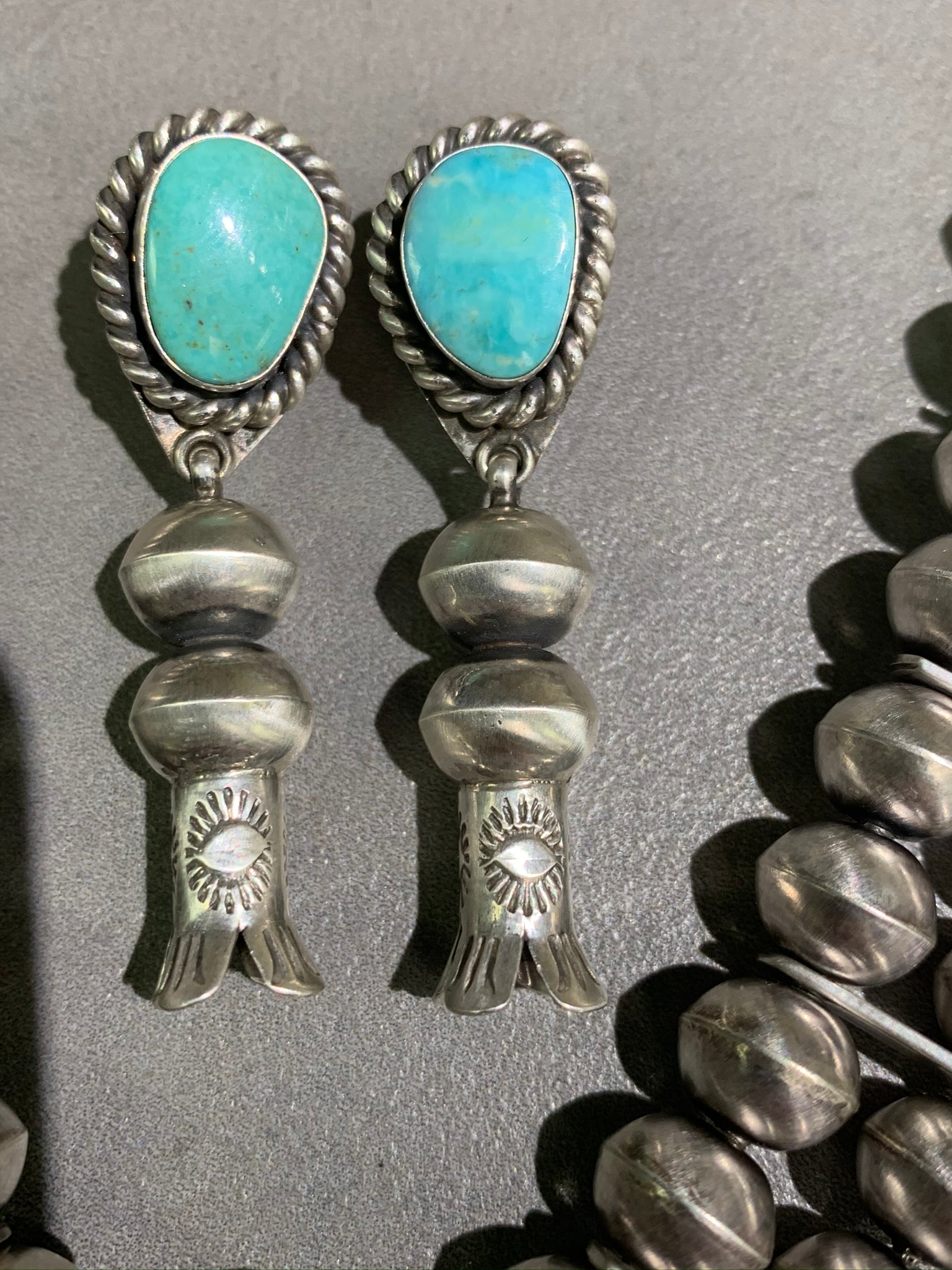 CHRIS HALE NAVAJO TURQUOISE STERLING SILVER SQUASH AND EARRING SET