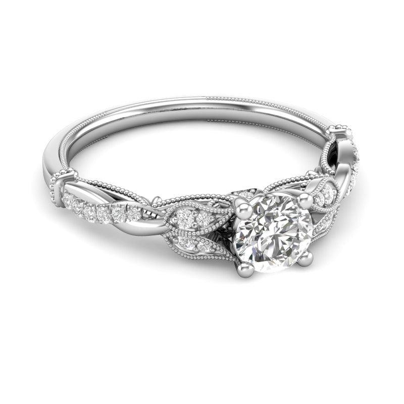 Petite Floral Diamond Engagement Ring 14 KT White Gold .75 Carat Total Weight With 2/3 ct Diamond Center