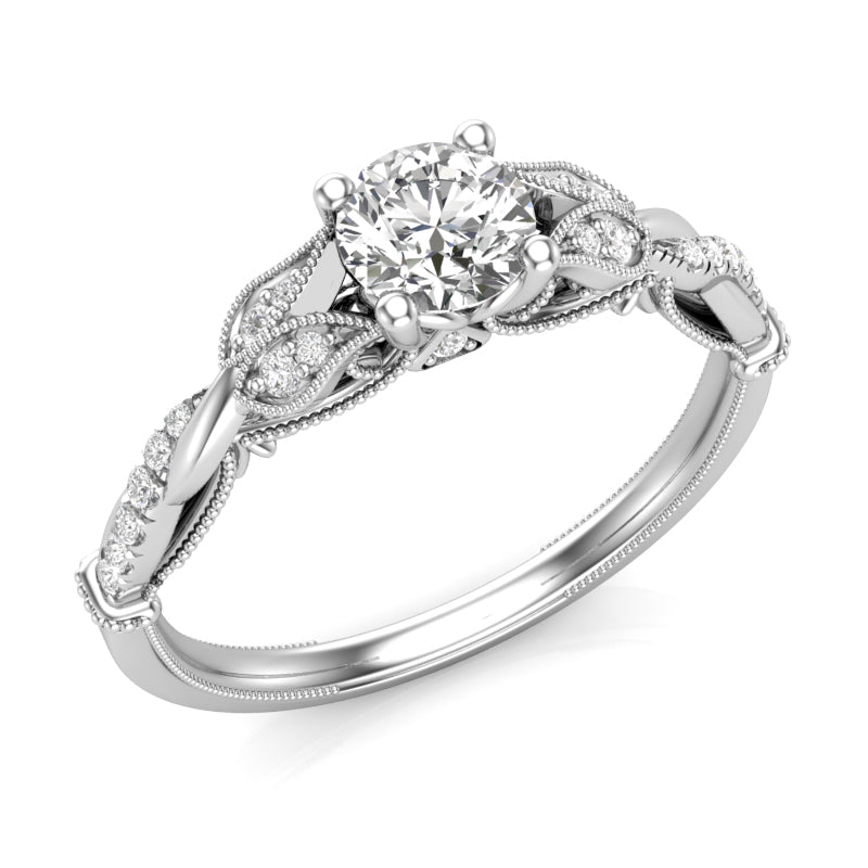 Petite Floral Diamond Engagement Ring 14 KT White Gold .75 Carat Total Weight With 2/3 ct Diamond Center