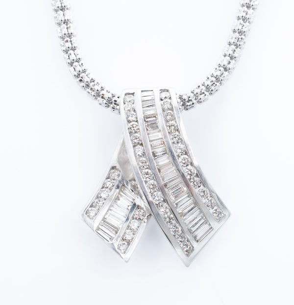 Round and Baguette Diamond Ribbon Pendant