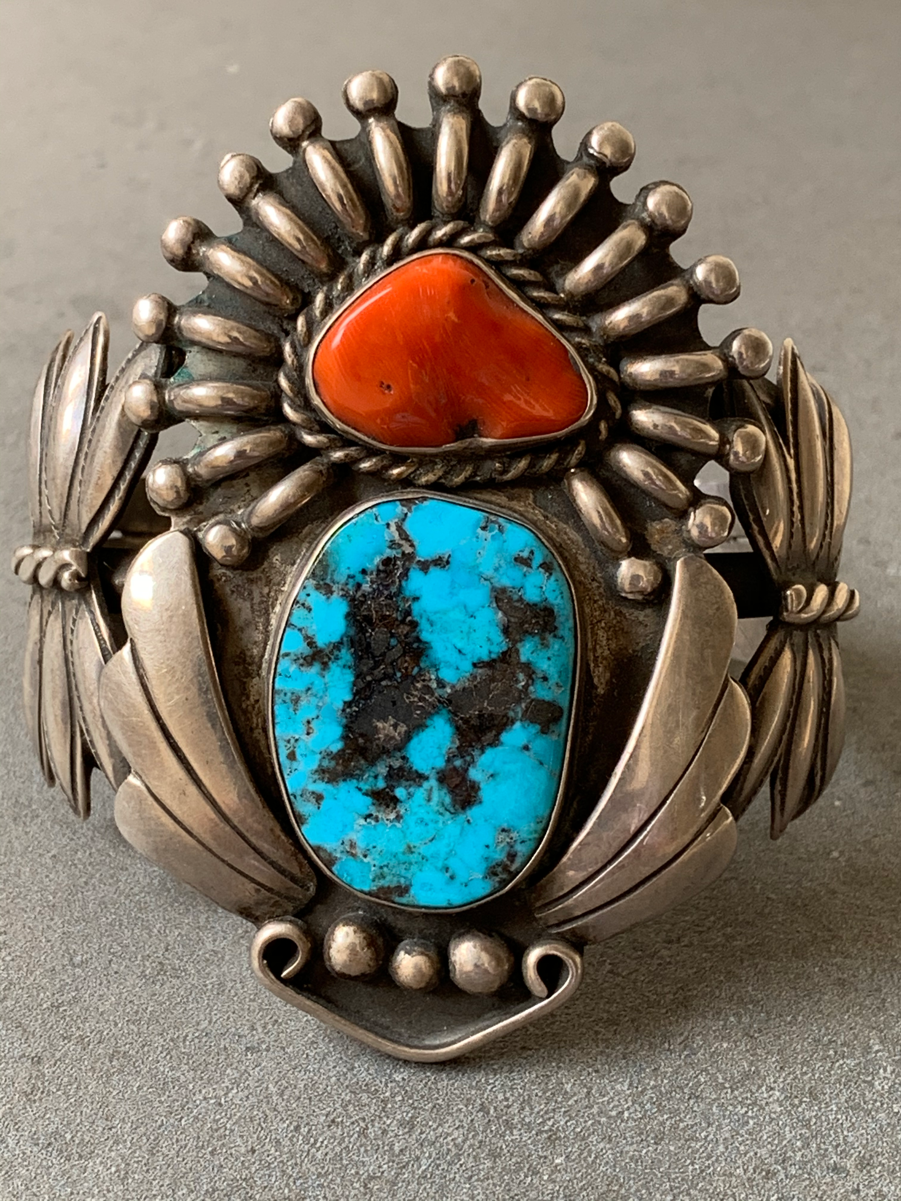 Sterling Silver Natural Mediterranean Coral Turquoise Cuff Handemade
