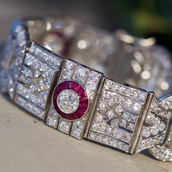 FINE ESTATE JEWELRY PLATINUM DIAMOND & RUBY HALO BRACELET ANTIQUE 1920'S