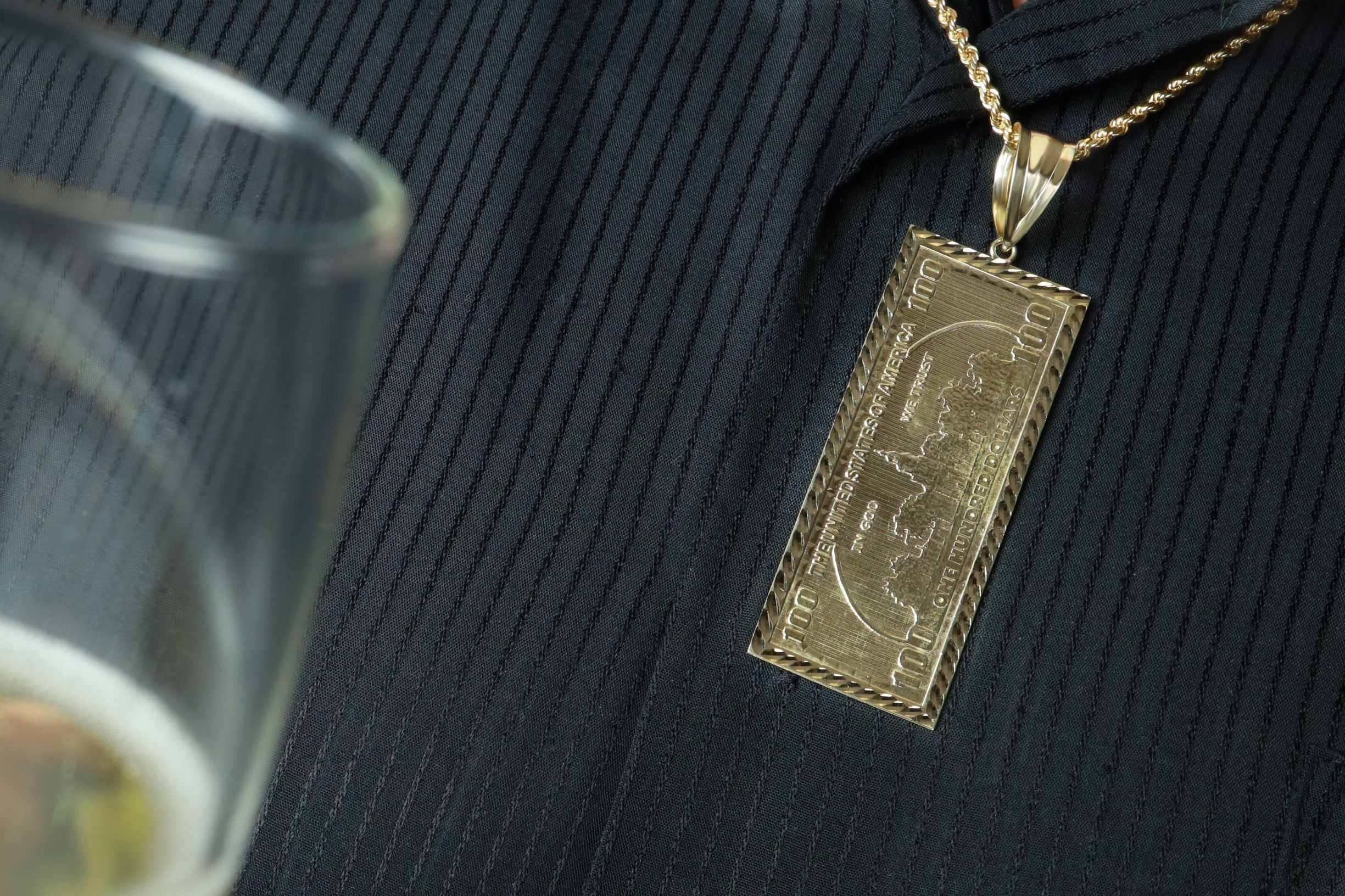 thumbnail image 2 of 10K Yellow Gold $100 Hundred Dollar Bill Money Pendant – Solid Gold Lucky Charm Necklace 2 of 4